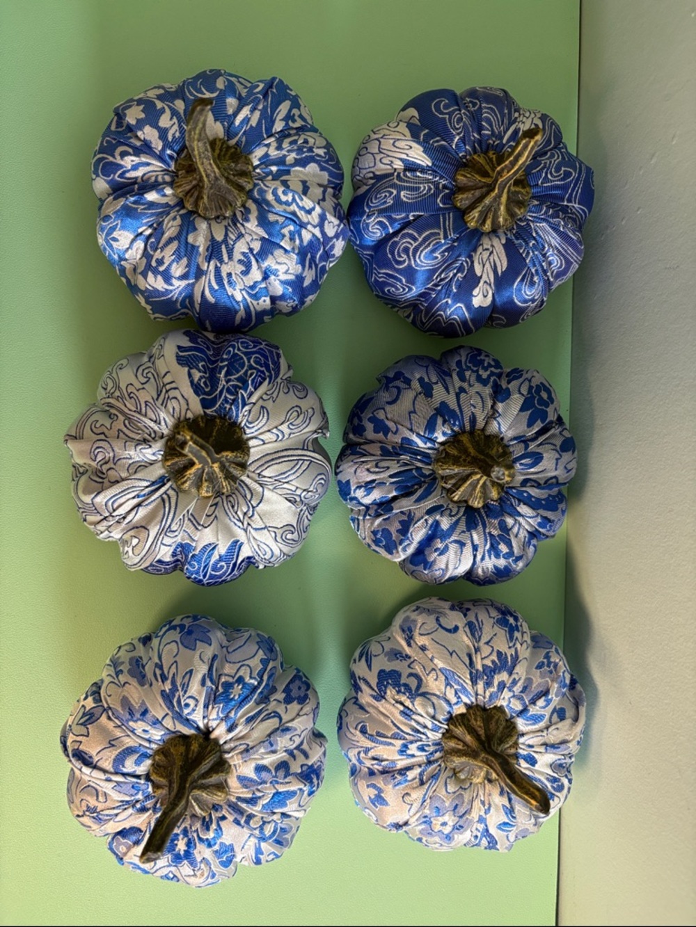 Faux Chinoiserie Chic Blue and White Decorative Fabric Covered Pumpkins Set of 6 - Picture 2 of 4